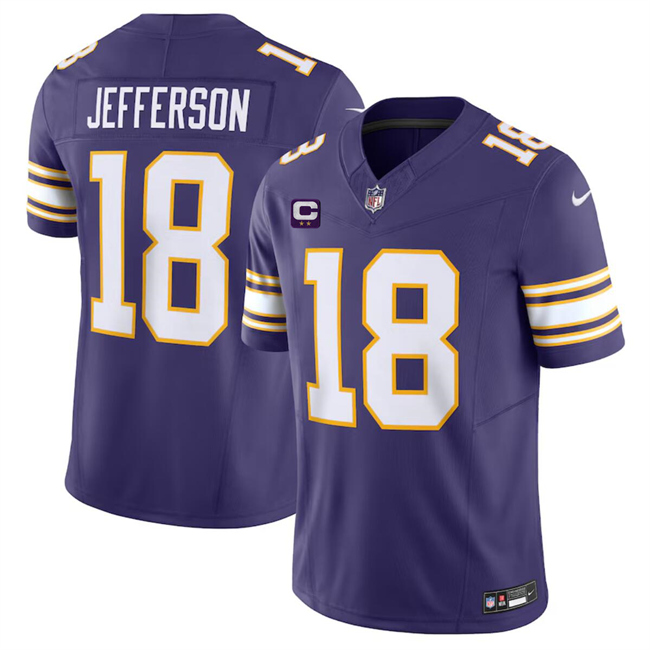 Men's Purple Minnesota Vikings #18 Justin Jefferson 2024 F.U.S.E. Throwback With 2-Star C Patch Vapor Limited Stitched Jersey